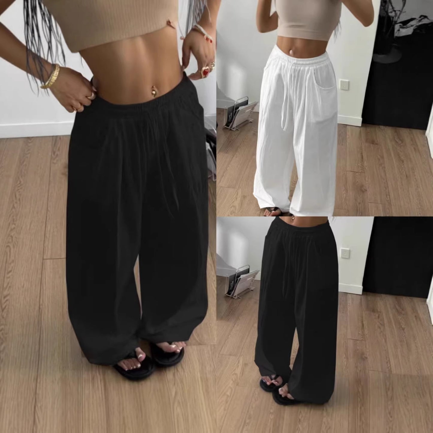 Women’s Flowy Drawstring Pants – High Waist Wide-Leg Fit