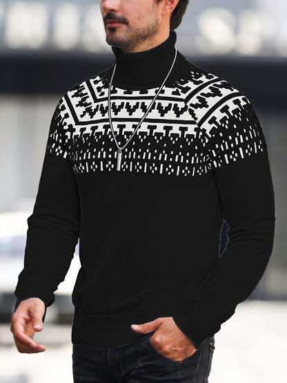 Suéter de cuello alto geométrico para hombre - Suéter informal de punto para otoño e invierno