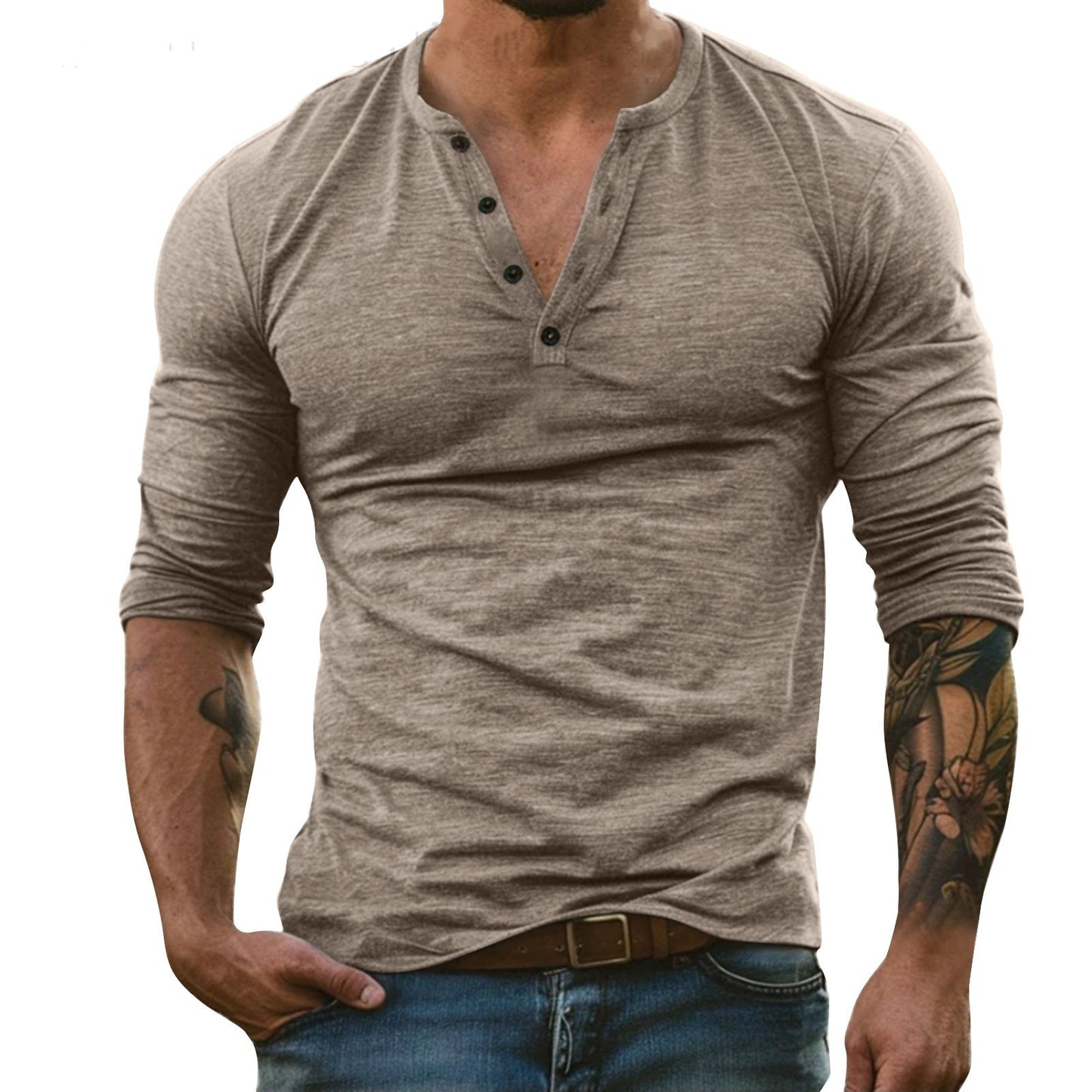 Camiseta de manga larga de mezcla de bambú para hombre - Cuello redondo informal de algodón suave