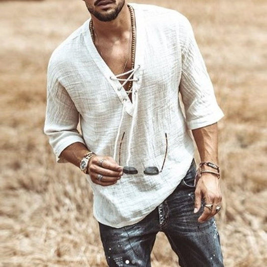 T-shirt ras du cou à lacets pour homme – Haut décontracté en coton à manches mi-longues