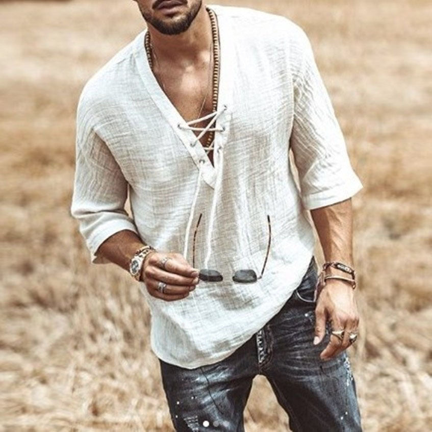 T-shirt ras du cou à lacets pour homme – Haut décontracté en coton à manches mi-longues