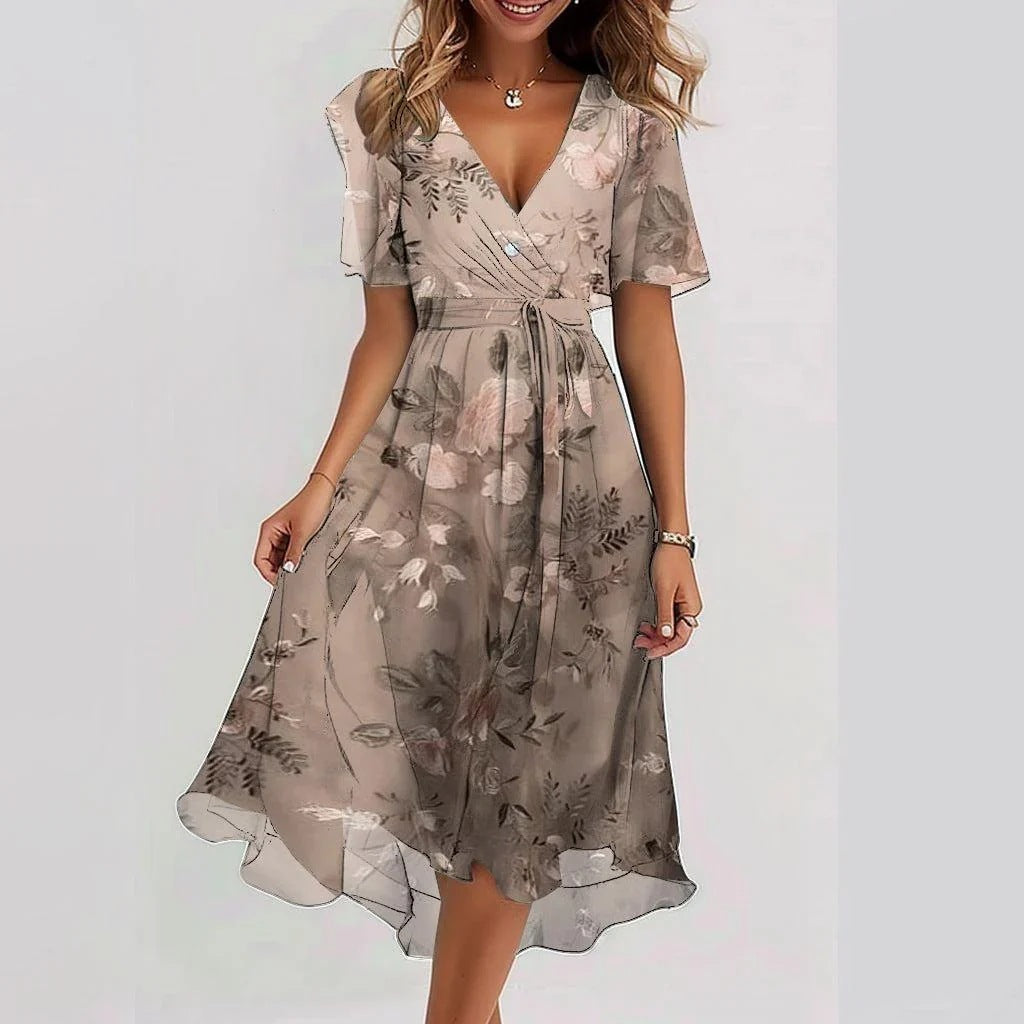 Loom & Soul™ Chiffon Floral Dress – Women’s Elegant V-Neck Short Sleeve Summer Midi Dress