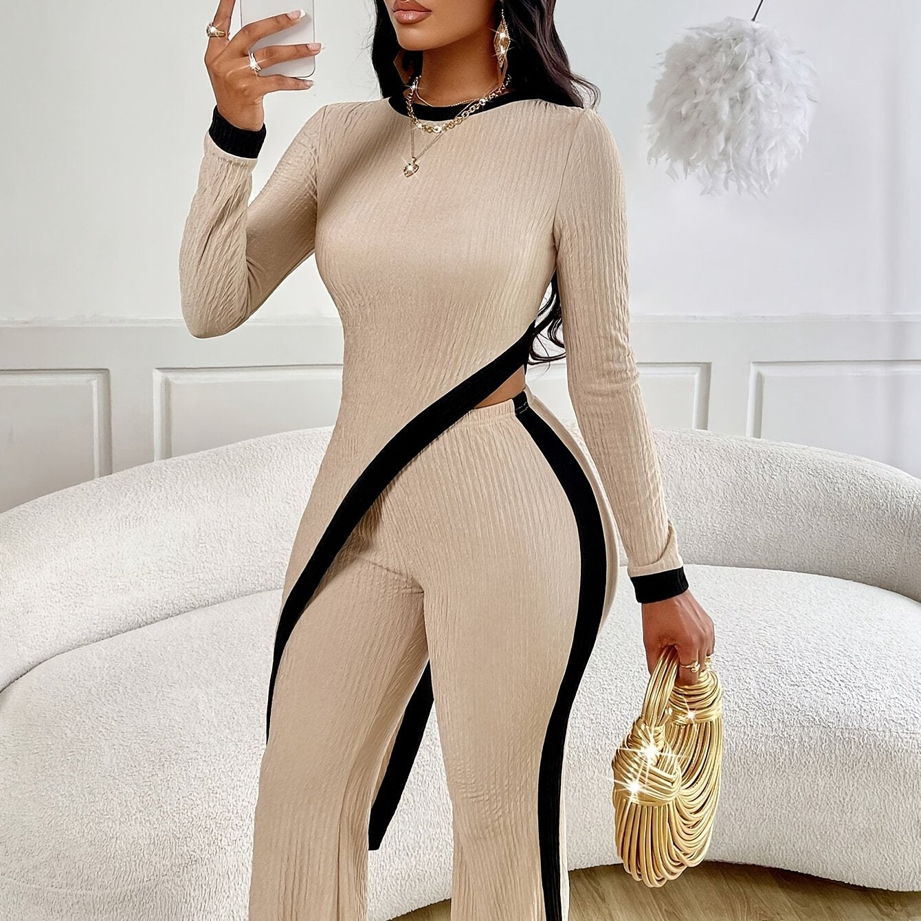 Women’s Elegant Asymmetrical Jumpsuit Set – Crew Neck Top & Flare Pants