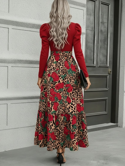 Vestido con estampado de leopardo y retazos con lazo en la cintura – Vestido entallado de manga larga elegante