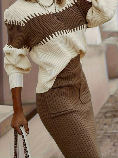 High Neck Color-Block Sweater & Skirt Set – Elegant Winter Two-Piece