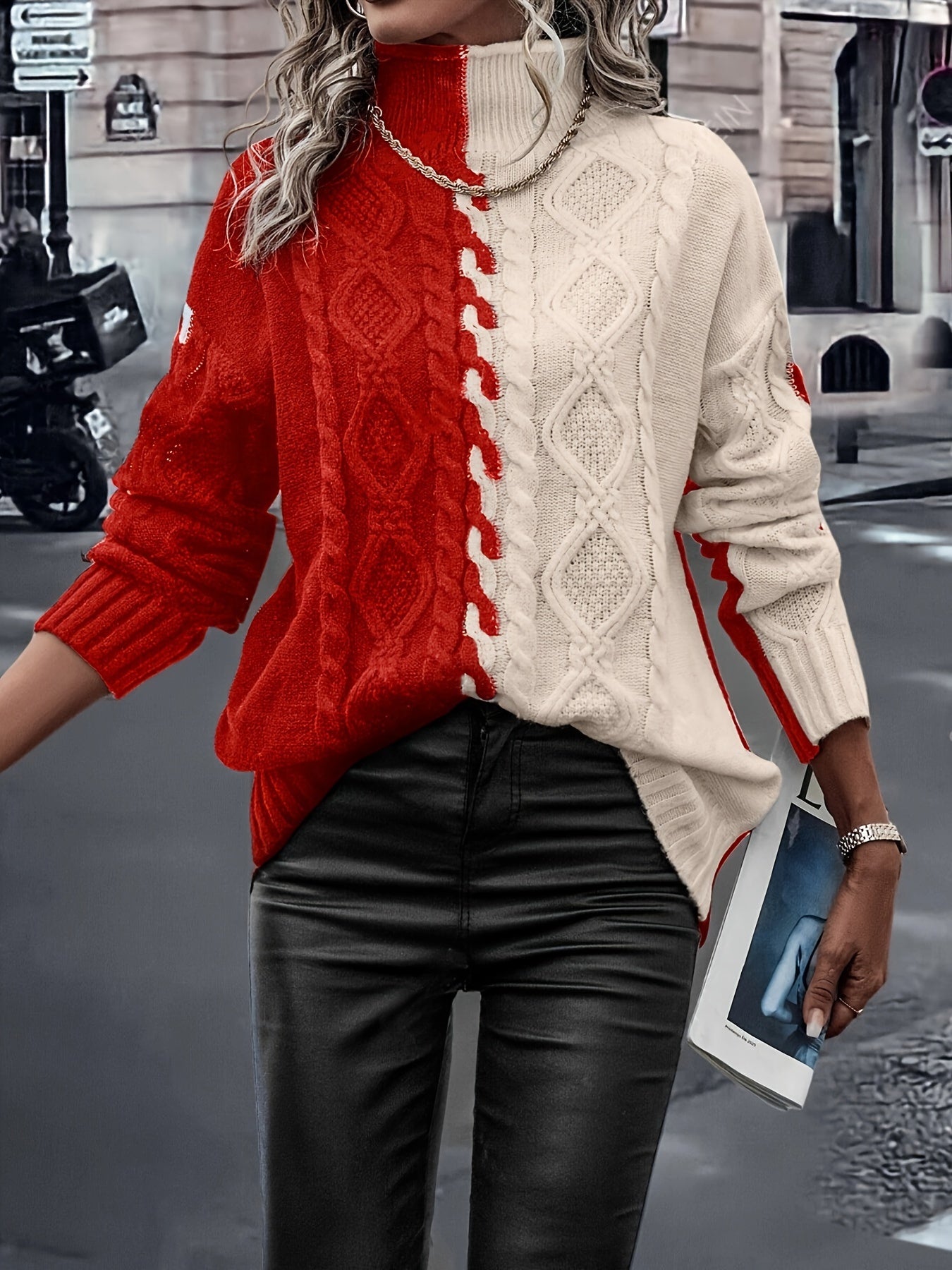 Elegant High-Neck Striped Blouse – Color-Block Knit Long Sleeve Top