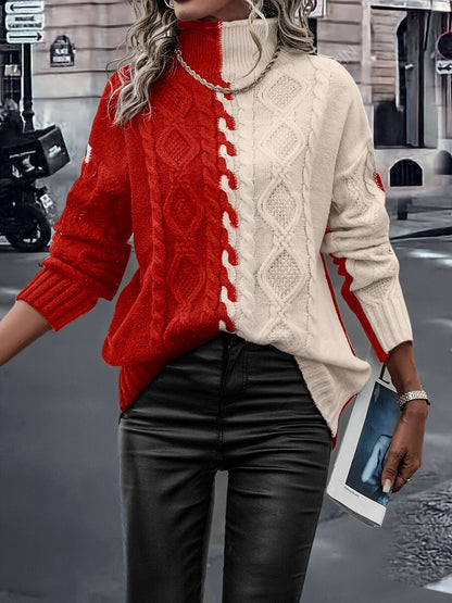 Elegant High-Neck Striped Blouse – Color-Block Knit Long Sleeve Top