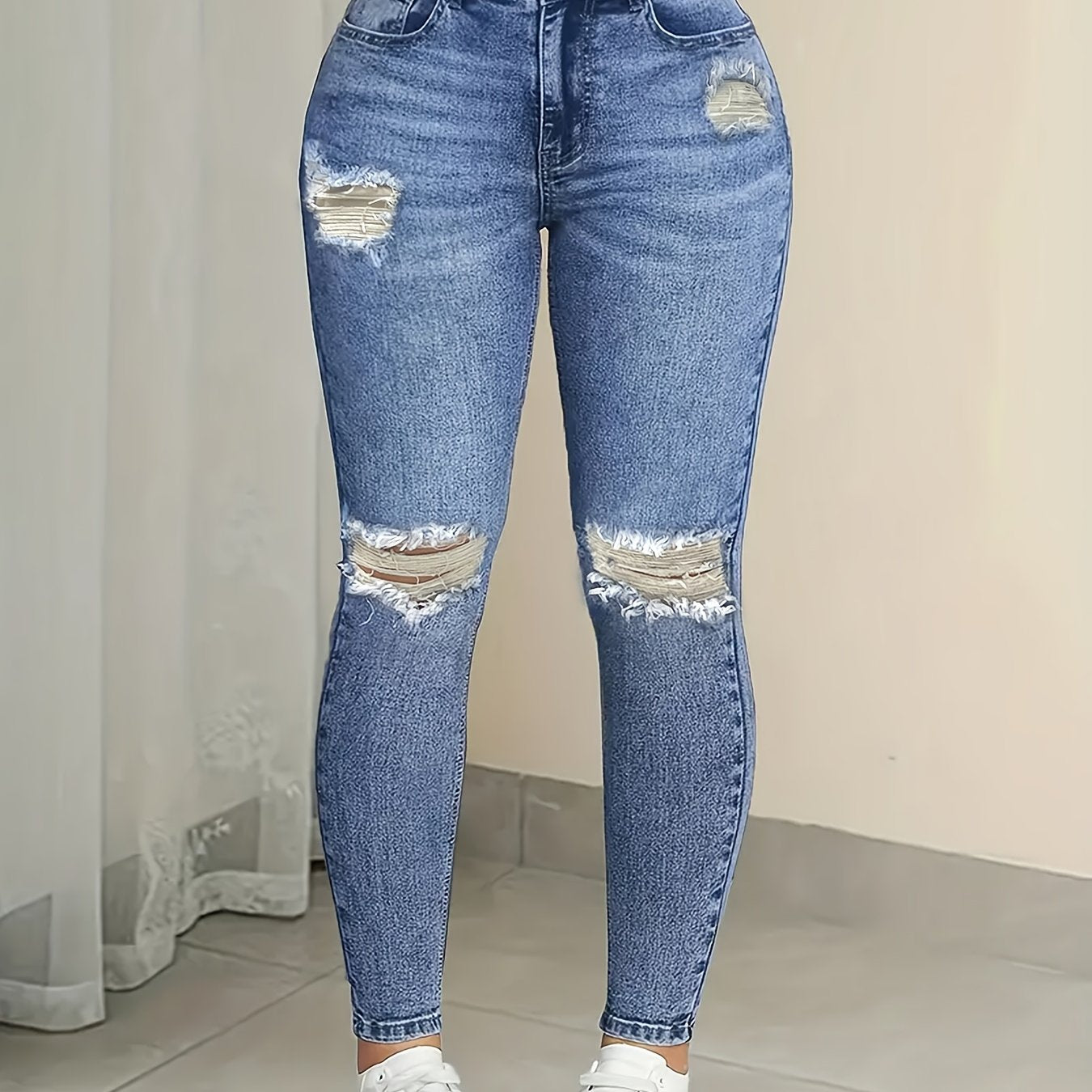 Women’s High-Waist Ripped Skinny Jeans – Stretch Denim Pencil Pants