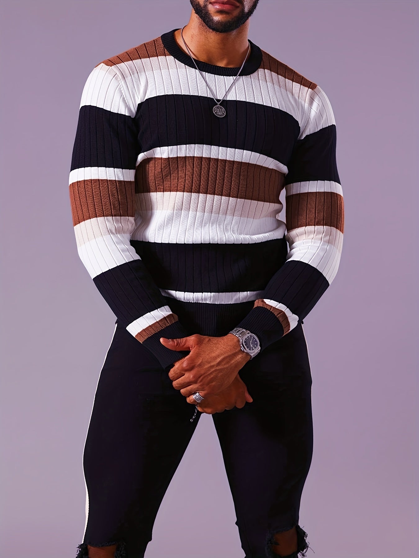 Men’s Striped Ribbed Knit Sweater – Color-Block Fall Winter Pullover