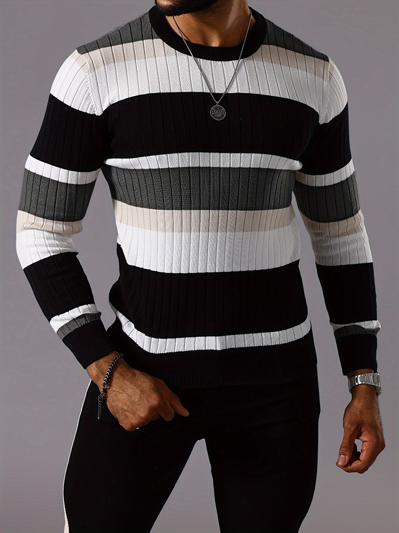 Men’s Striped Ribbed Knit Sweater – Color-Block Fall Winter Pullover