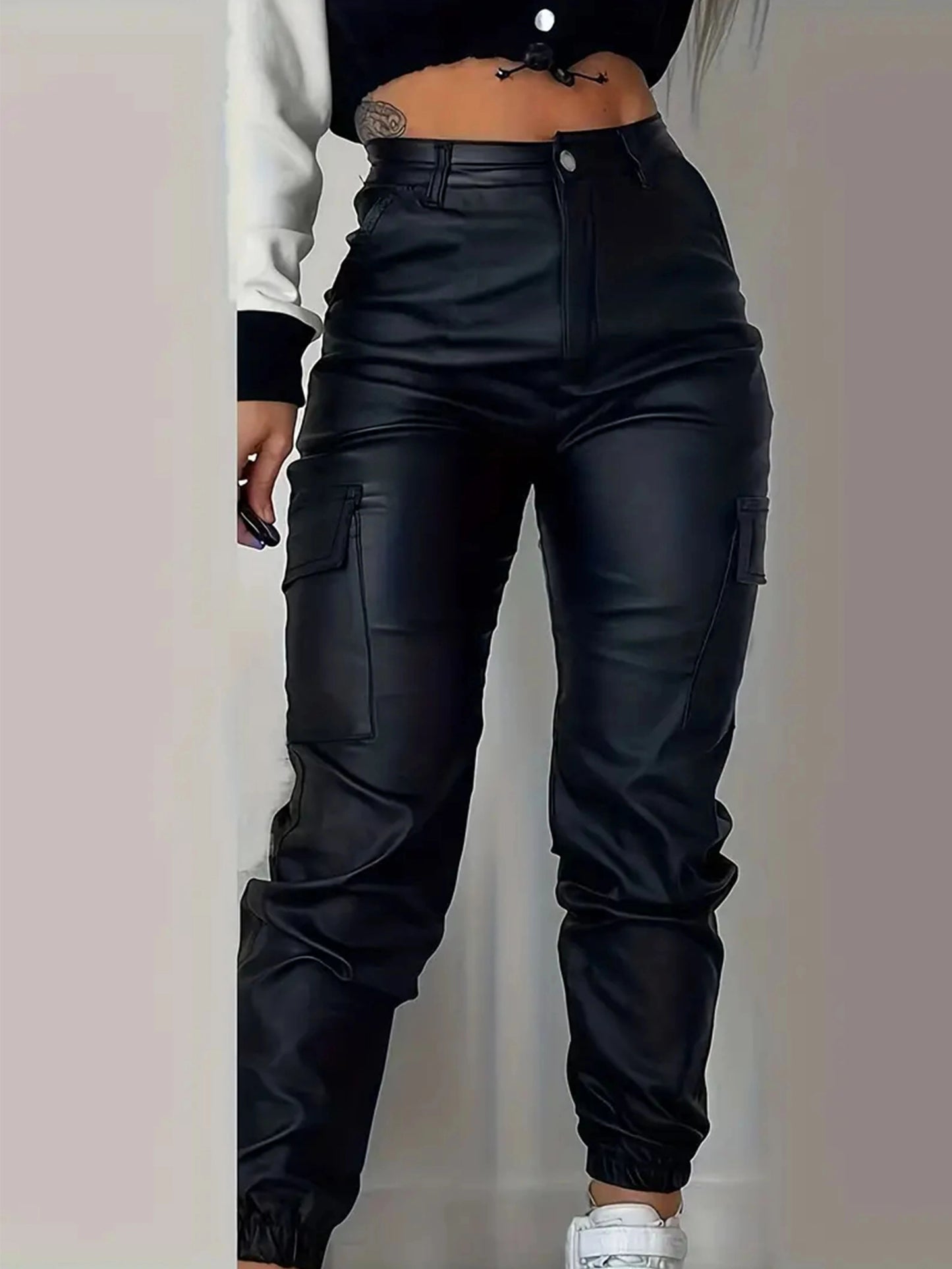 Women’s High-Rise Stretch Cargo Jeans – Black Glossy Denim Pants