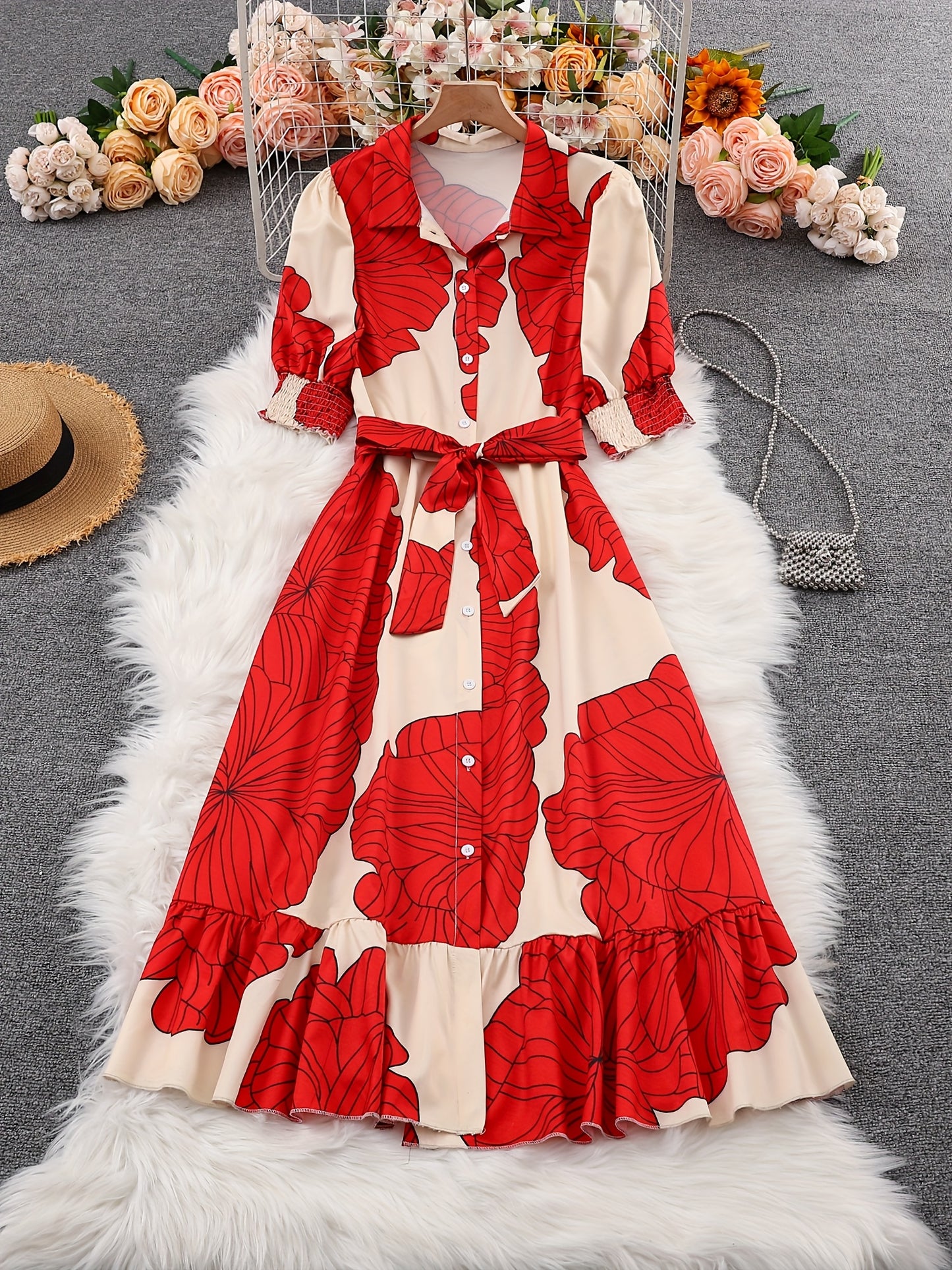 Floral Tie-Waist Maxi Shirt Dress – Elegant Long Sleeve A-Line Dress