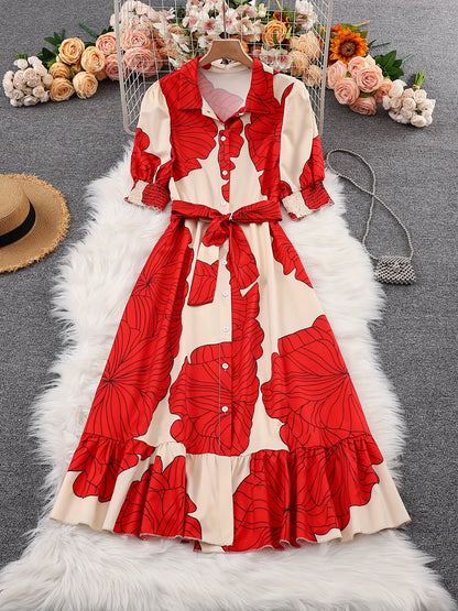 Floral Tie-Waist Maxi Shirt Dress – Elegant Long Sleeve A-Line Dress