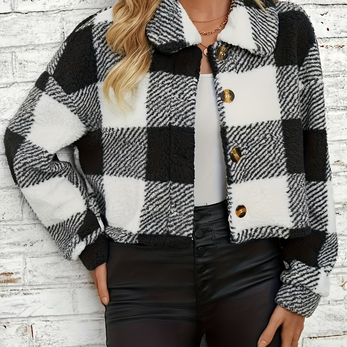 Women’s Plaid Teddy Coat – Warm Button-Up Long Sleeve Winter Outerwear