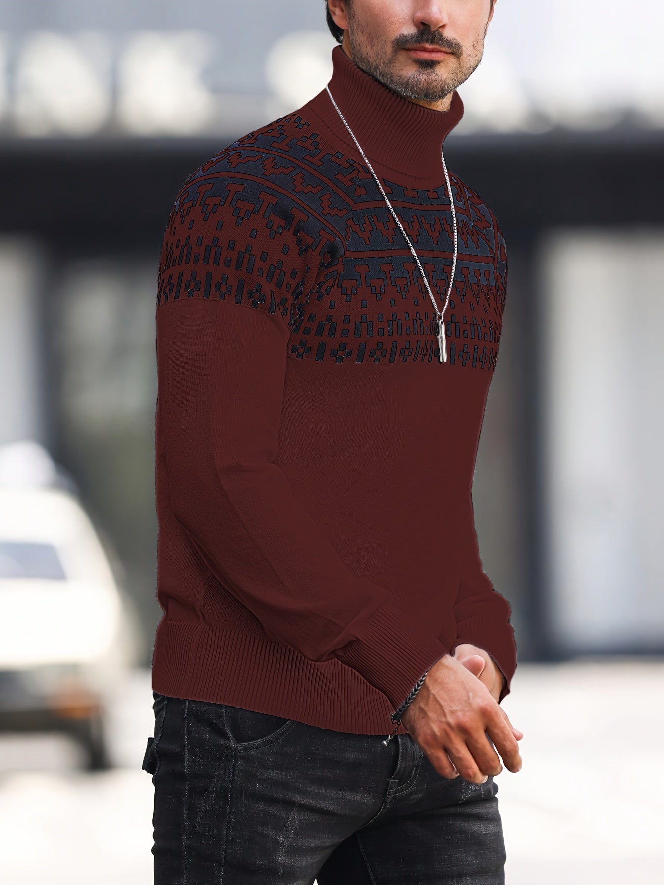 Suéter de cuello alto geométrico para hombre - Suéter informal de punto para otoño e invierno