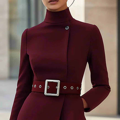 Vestido midi con cinturón y cuello alto para mujer – Elegancia de oficina de corte ajustado