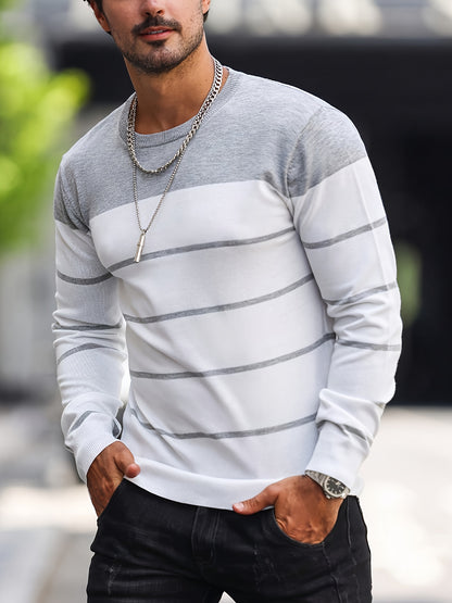 Pull tricoté rayé bleu marine pour homme – Col rond décontracté