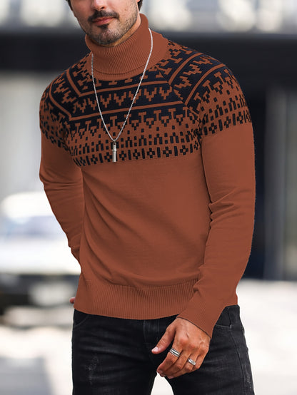 Suéter de cuello alto geométrico para hombre - Suéter informal de punto para otoño e invierno