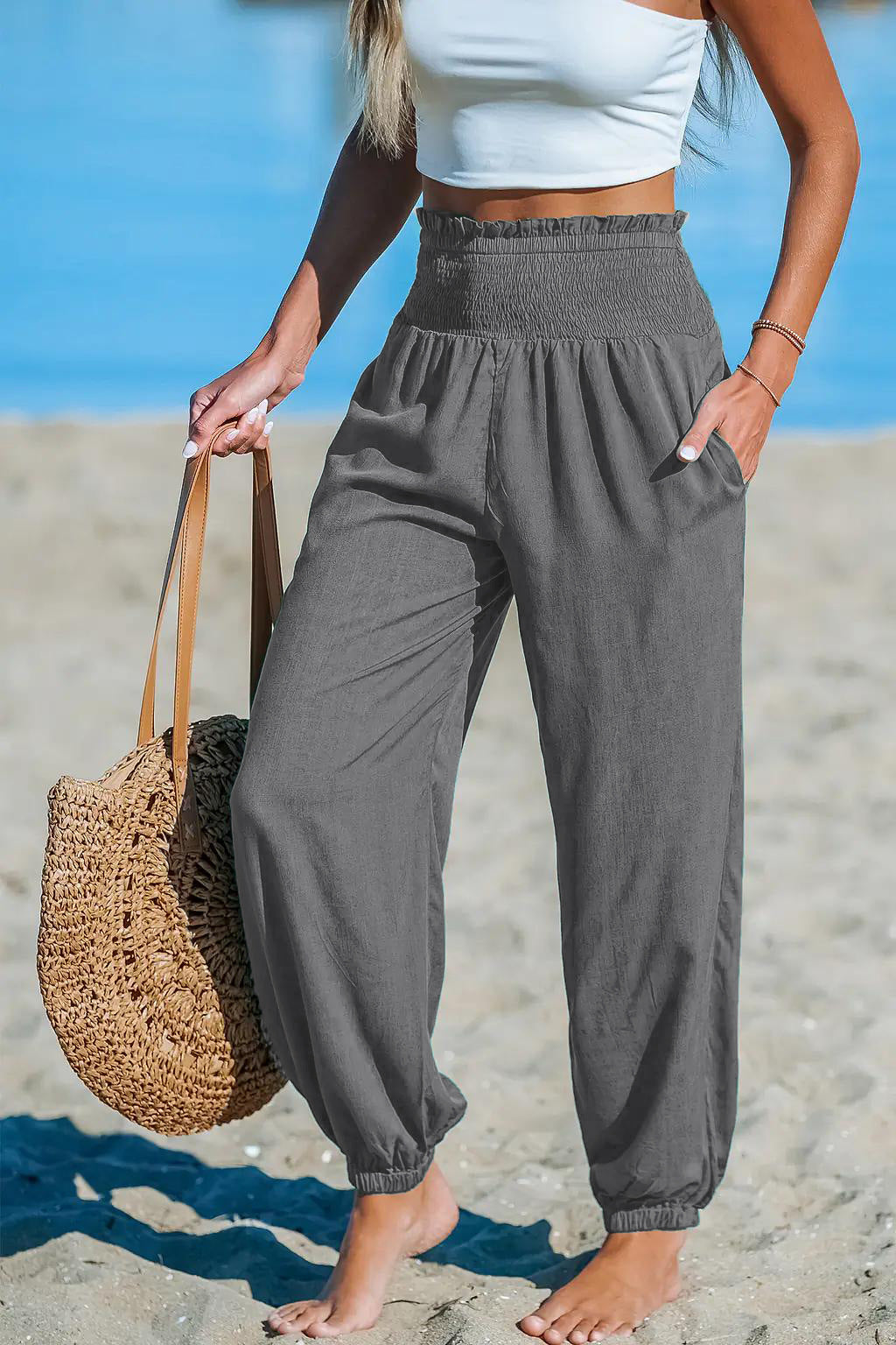 Women’s Ankle-Tie Pants – High Waist Beach Casual Fit