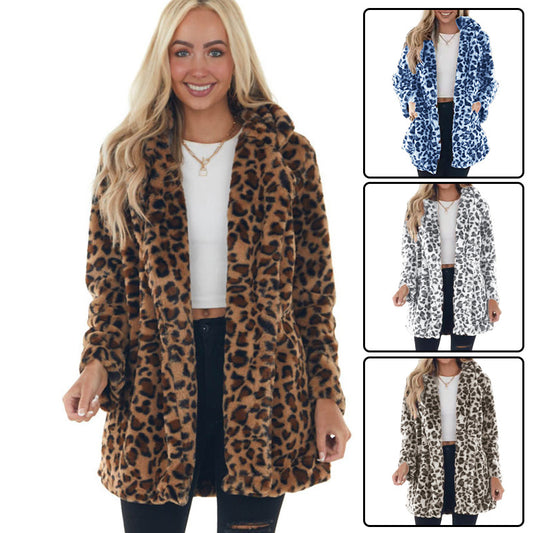 Women’s Leopard Plush Mid-Length Jacket – Loose Fit Statement Coat
