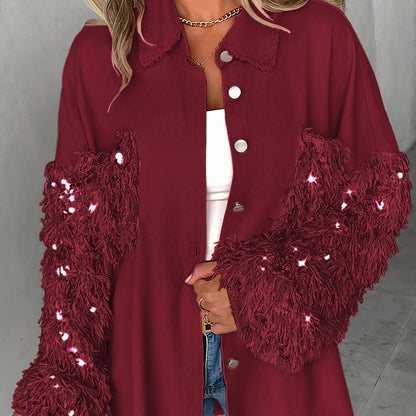 Women’s Sequin Tassel Patchwork Shacket – Fuzzy Contrast Long Sleeve Jacket