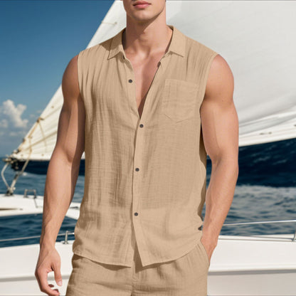Men’s Linen Sleeveless Shirt – Open Lapel Summer Layer