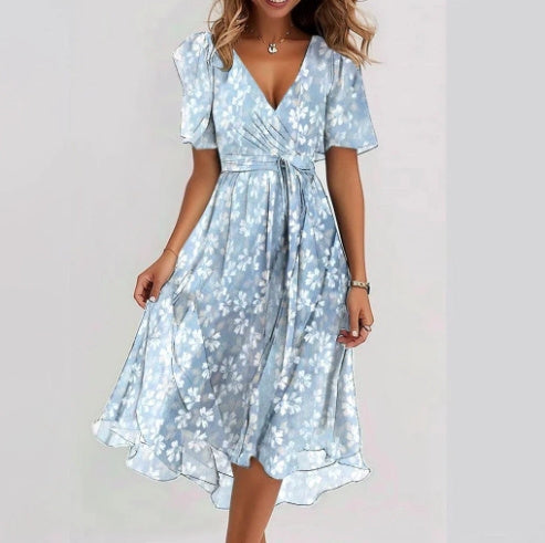 Loom & Soul™ Chiffon Floral Dress – Women’s Elegant V-Neck Short Sleeve Summer Midi Dress