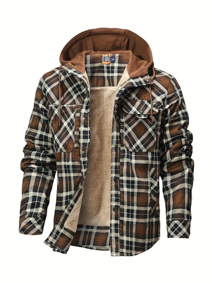 Men’s Plaid Flannel Hooded Jacket – Asymmetrical Button Tartan Coat