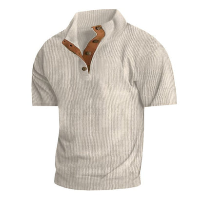 Men’s Corduroy Stand Collar Tee – Textured Casual Short Sleeve