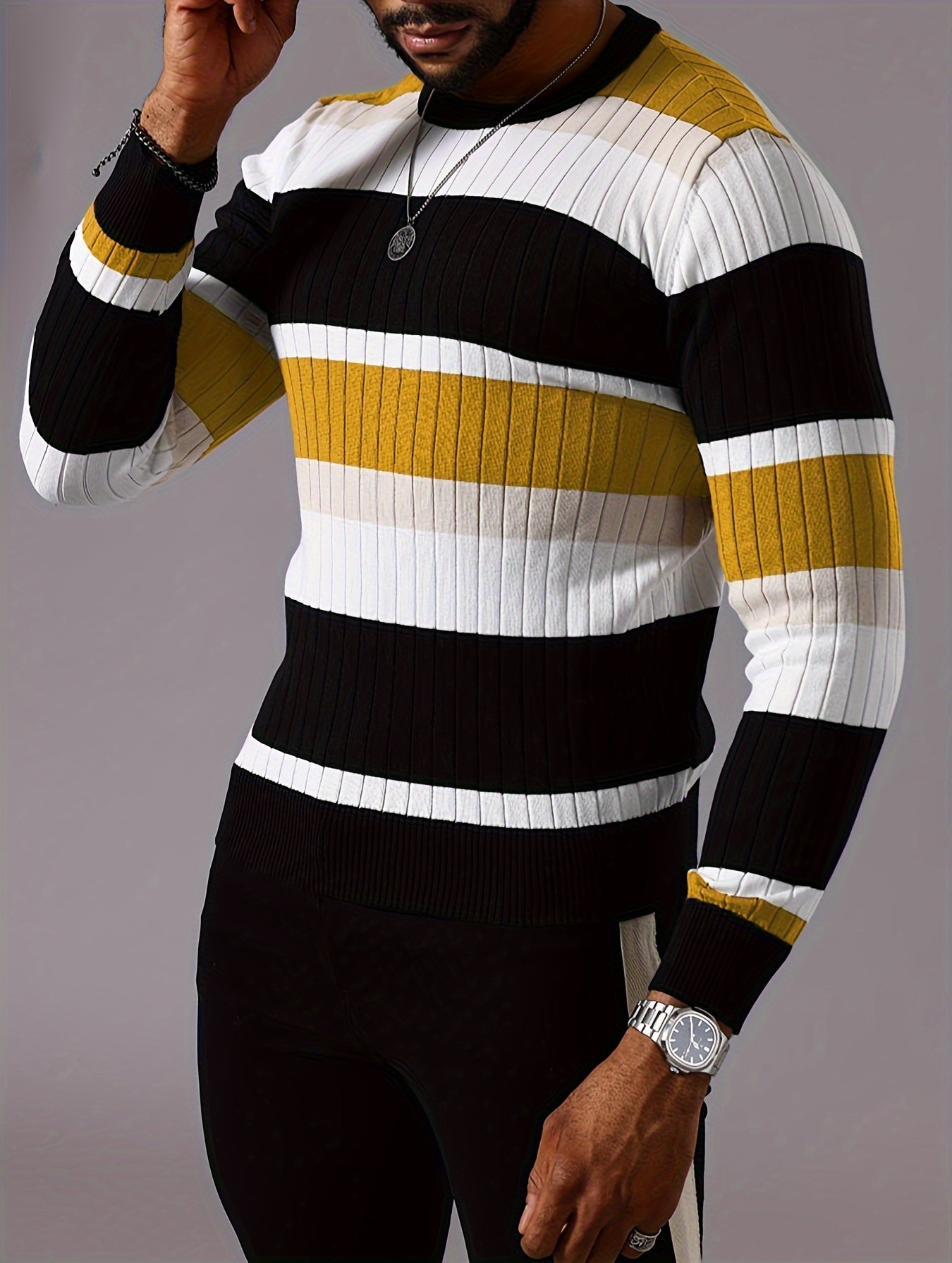 Men’s Striped Ribbed Knit Sweater – Color-Block Fall Winter Pullover