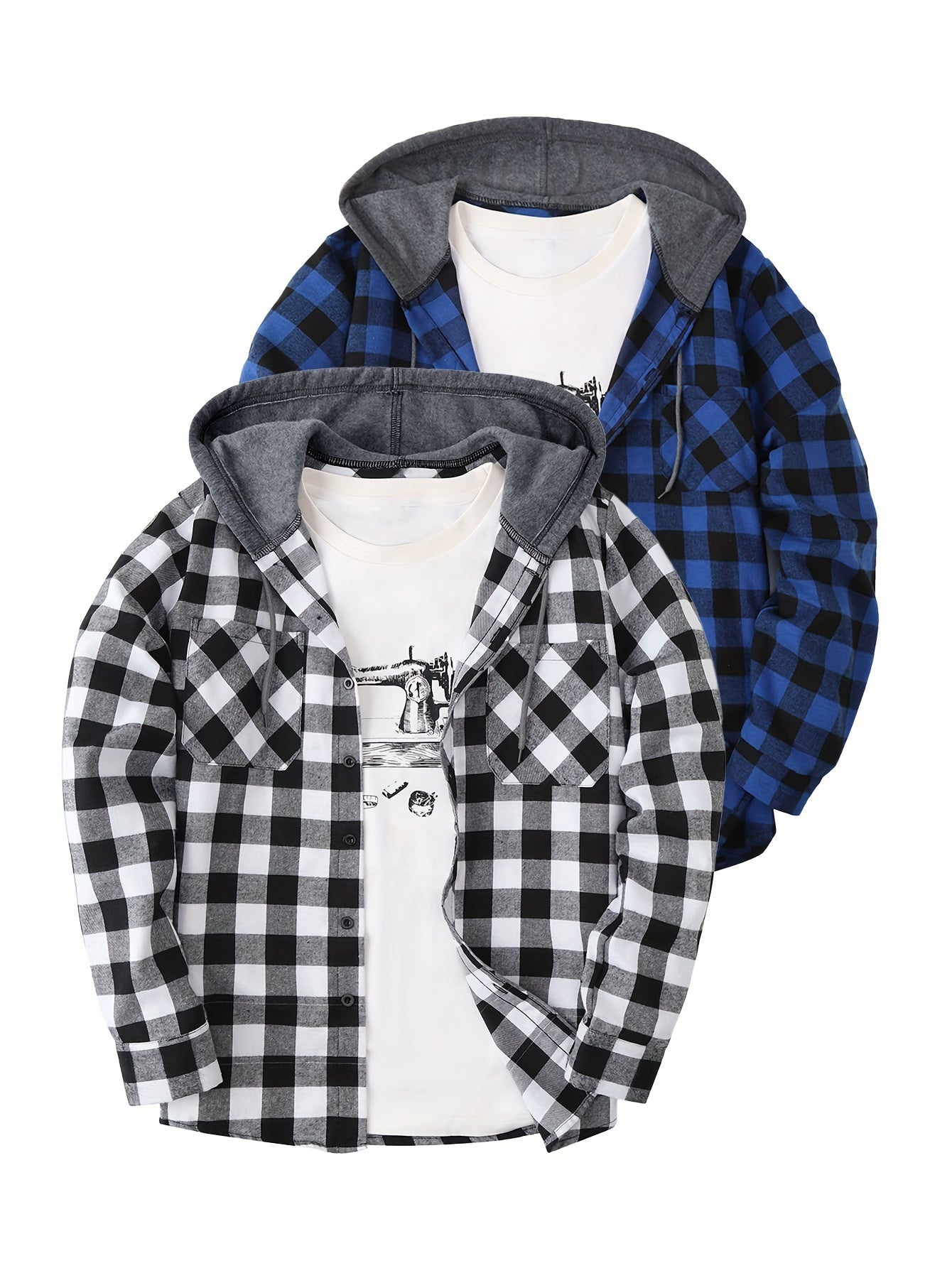 2-Piece Men’s Plaid Hooded Shirts – Button-Up Sweater Jacket Set