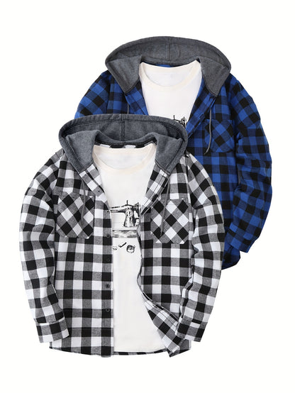 2-Piece Men’s Plaid Hooded Shirts – Button-Up Sweater Jacket Set