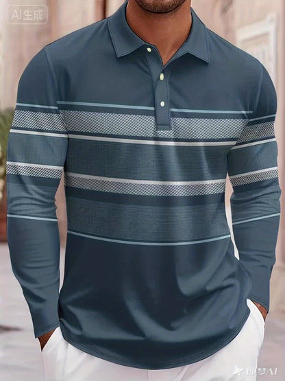 Polo rayé bleu et blanc pour homme – Polo décontracté à manches longues style preppy