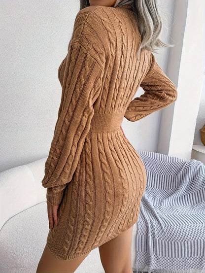 Women’s Cable Knit V-Neck Sweater Dress – Long Sleeve Winter Chic