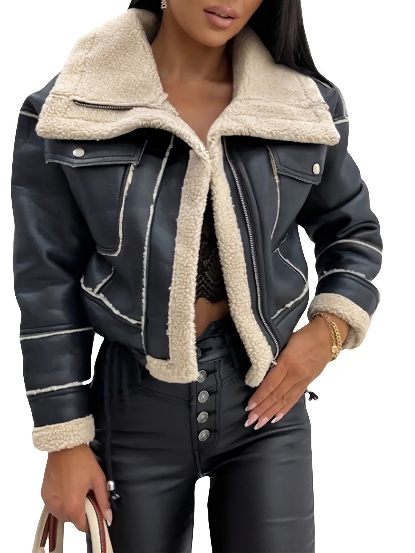Women’s Faux Shearling Biker Jacket – Zip-Up Lapel Casual Fall/Winter Coat