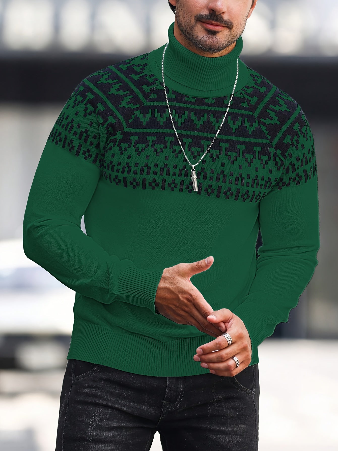 Suéter de cuello alto geométrico para hombre - Suéter informal de punto para otoño e invierno