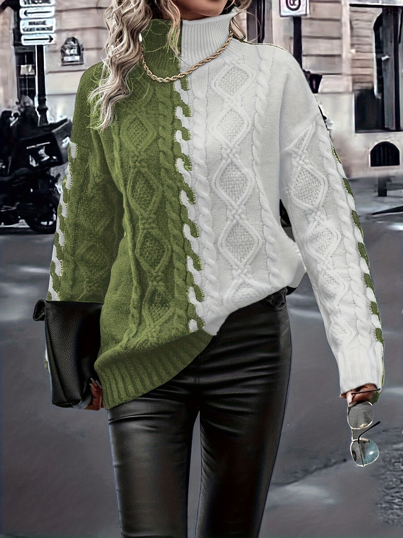 Elegant High-Neck Striped Blouse – Color-Block Knit Long Sleeve Top