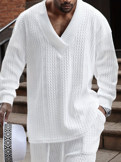 Pull décontracté pour homme en maille col V jacquard côtelé