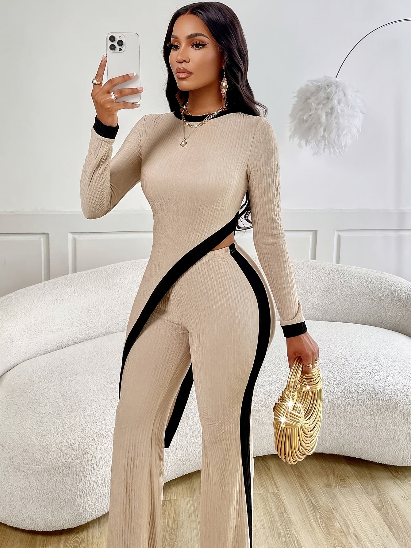 Women’s Elegant Asymmetrical Jumpsuit Set – Crew Neck Top & Flare Pants