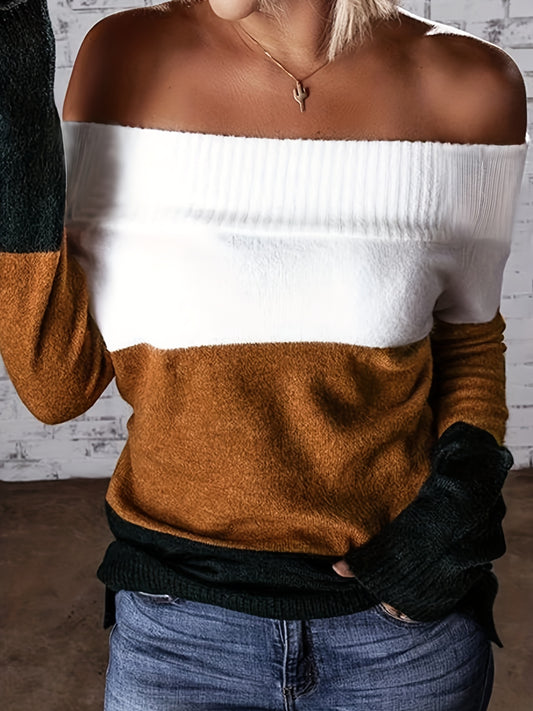 Women’s Off-Shoulder Color Block Sweater – Chic Fall Knit Pullover