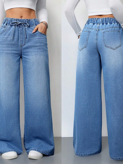 Women’s High-Waist Wide-Leg Jeans – 2025 Stretch Drawstring Denim