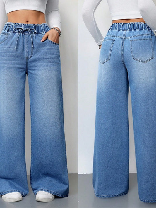 Women’s High-Waist Wide-Leg Jeans – 2025 Stretch Drawstring Denim