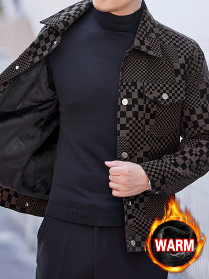 Men’s Checkered PU Coat – Black & Brown Houndstooth Street Jacket