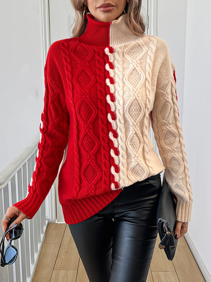 Elegant High-Neck Striped Blouse – Color-Block Knit Long Sleeve Top