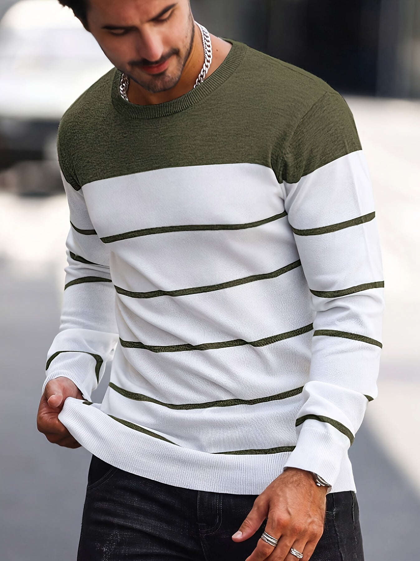 Pull tricoté rayé bleu marine pour homme – Col rond décontracté