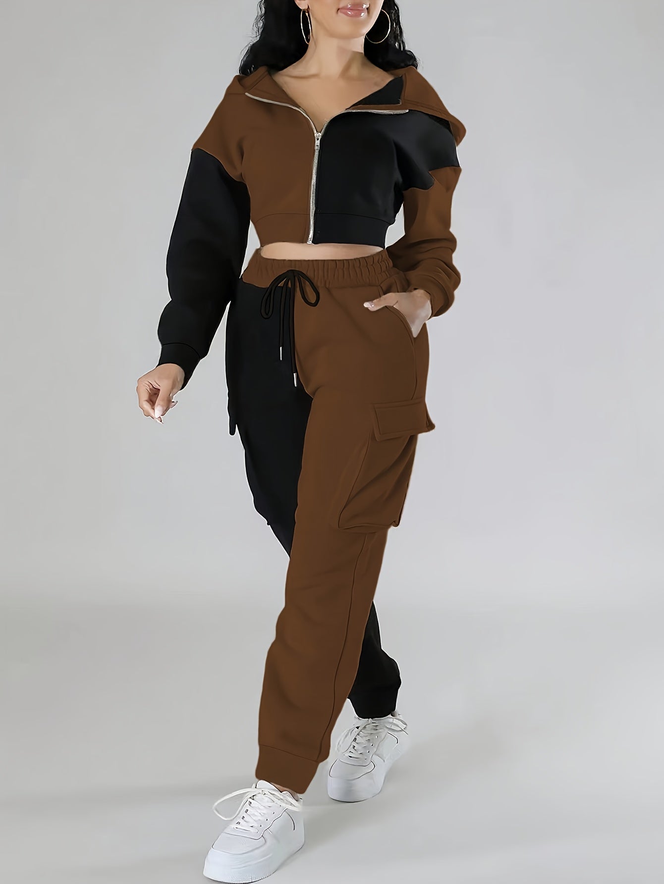 Colorblock Hooded Jacket & Cargo Pants Set – Women’s Zip-Up Two-Piece
