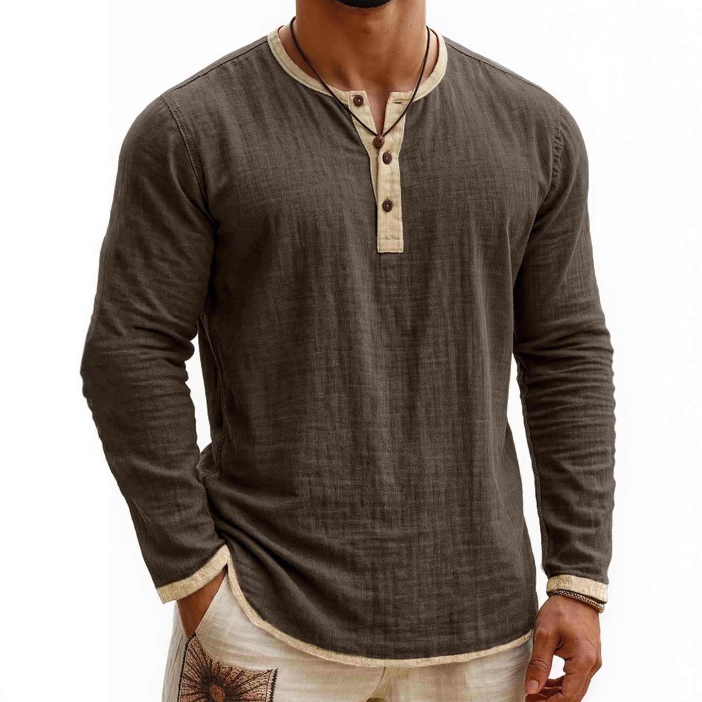 Camiseta Henley de manga larga con estampado digital bicolor para hombre – Corte ajustado de 3 botones