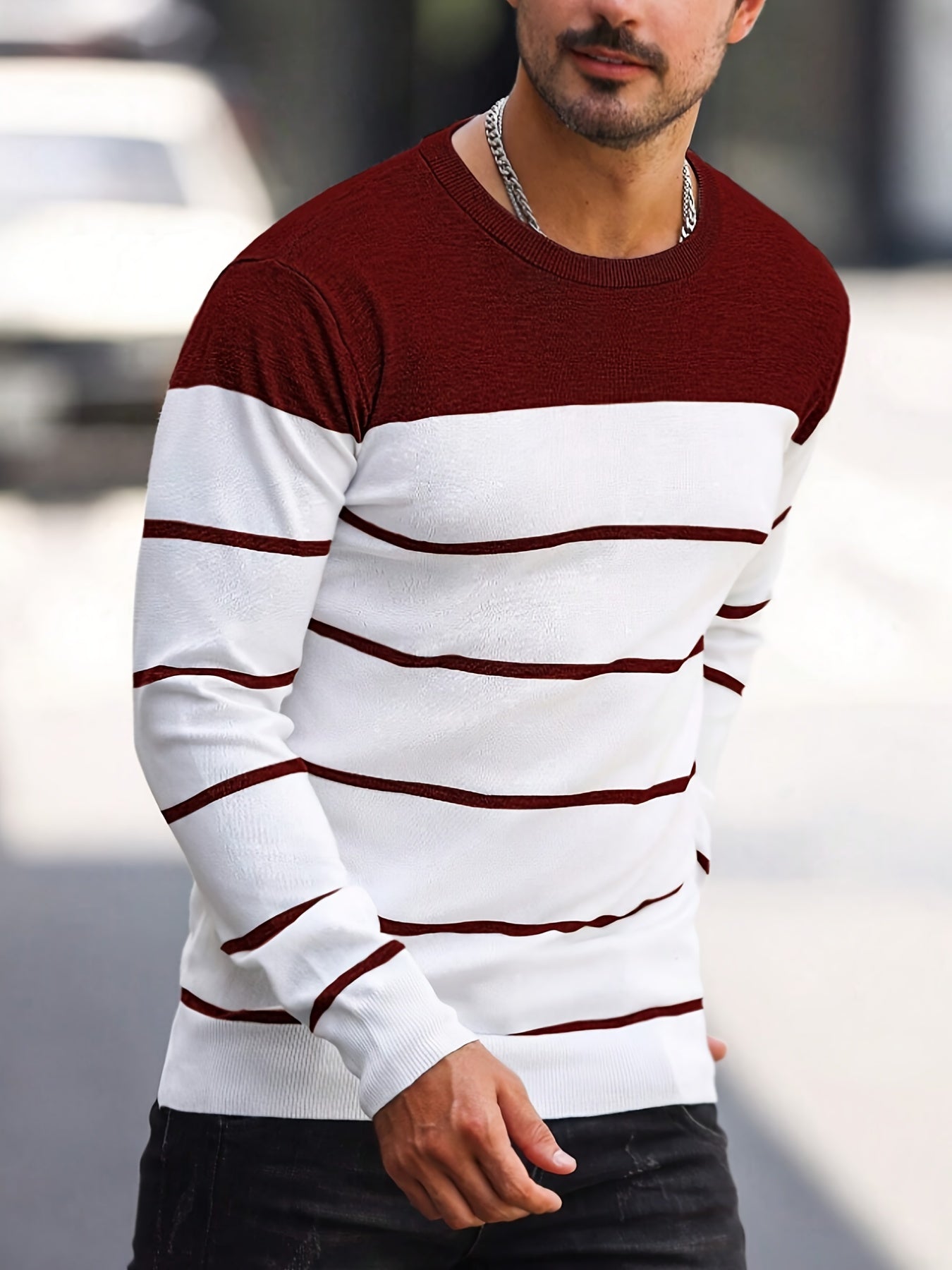 Pull tricoté rayé bleu marine pour homme – Col rond décontracté