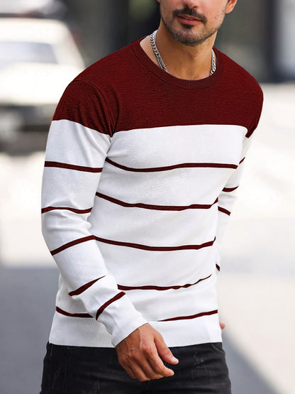 Pull tricoté rayé bleu marine pour homme – Col rond décontracté