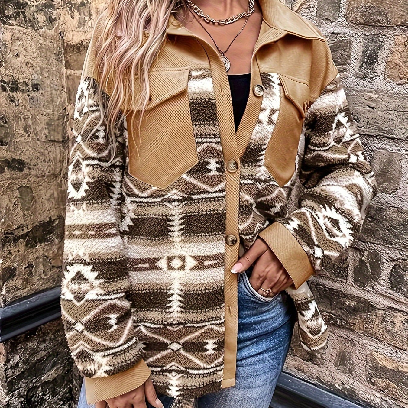 Women’s Geometric Fleece Jacket – Warm Color Block Winter Coat